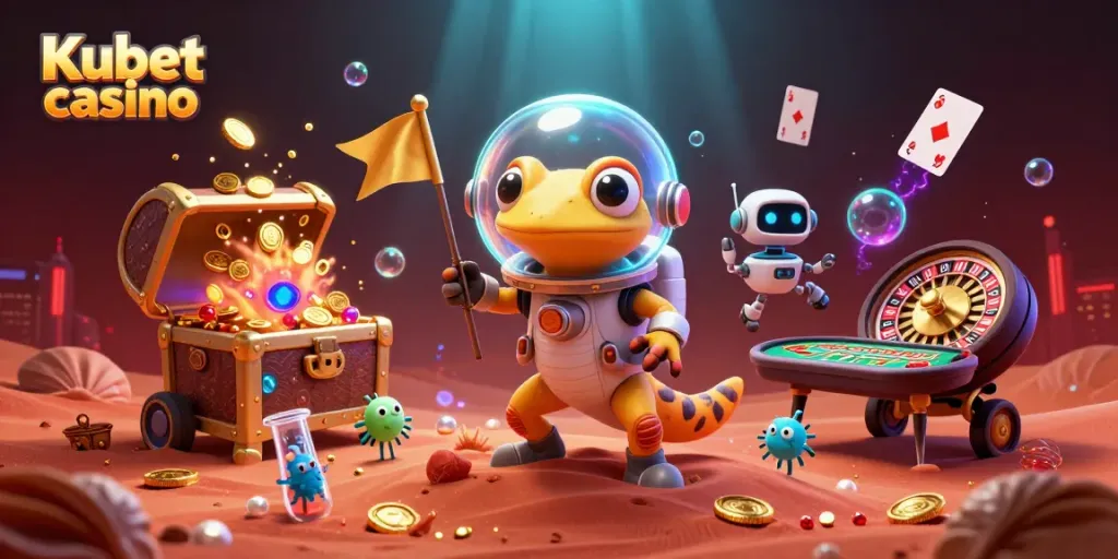 Kubet casino features a Martian gecko discovering a golden casino, with vibrant visuals and interactive game elements.