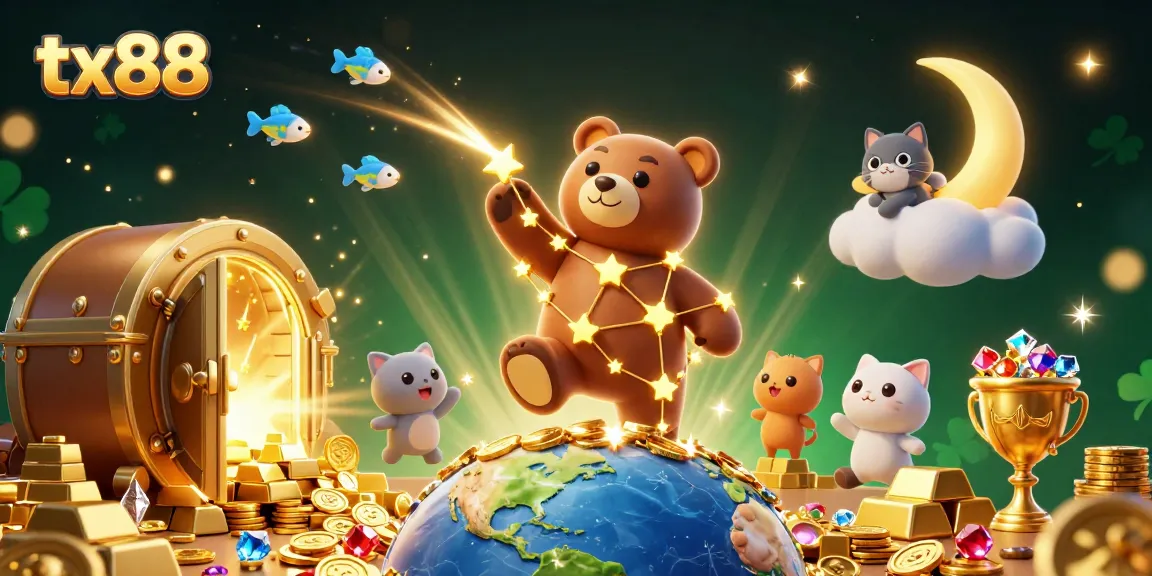 Engage with TX88's immersive casino experience amid golden treasures and cosmic companions.