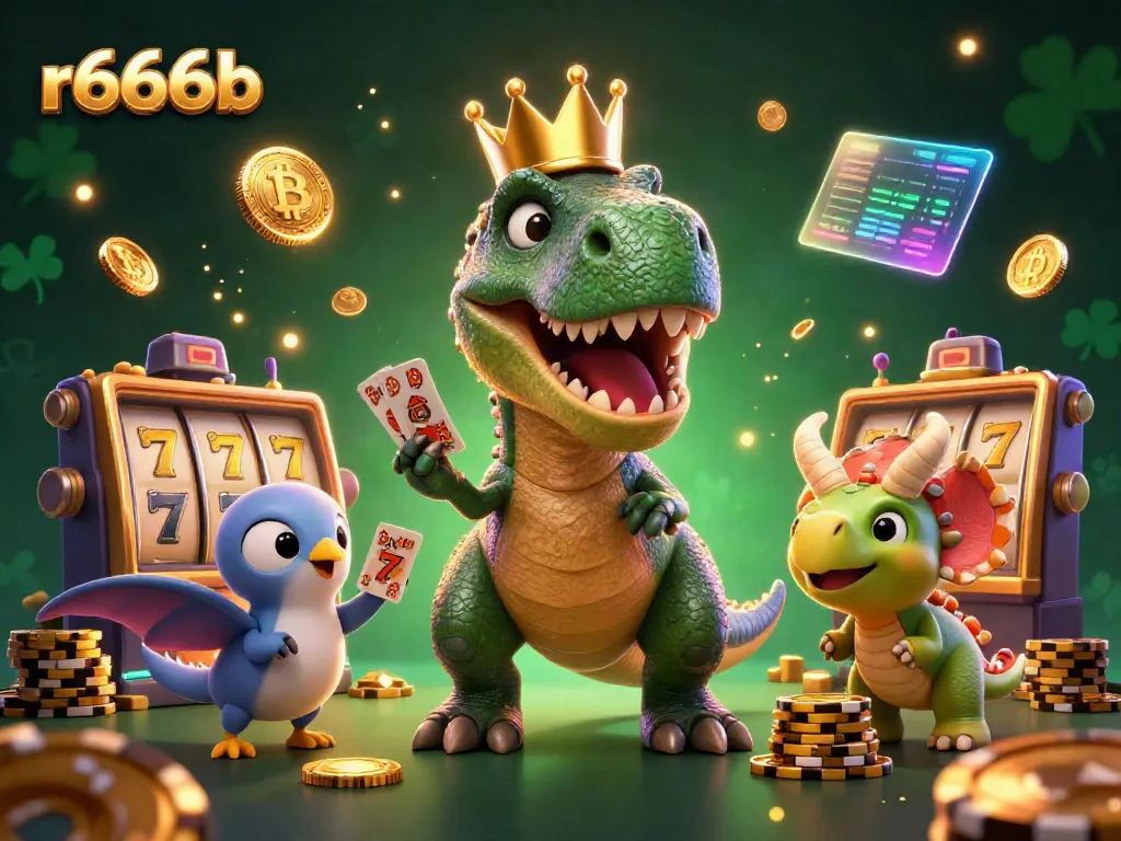 Experience the excitement of r666b with playful dinosaurs at a vibrant casino scene.