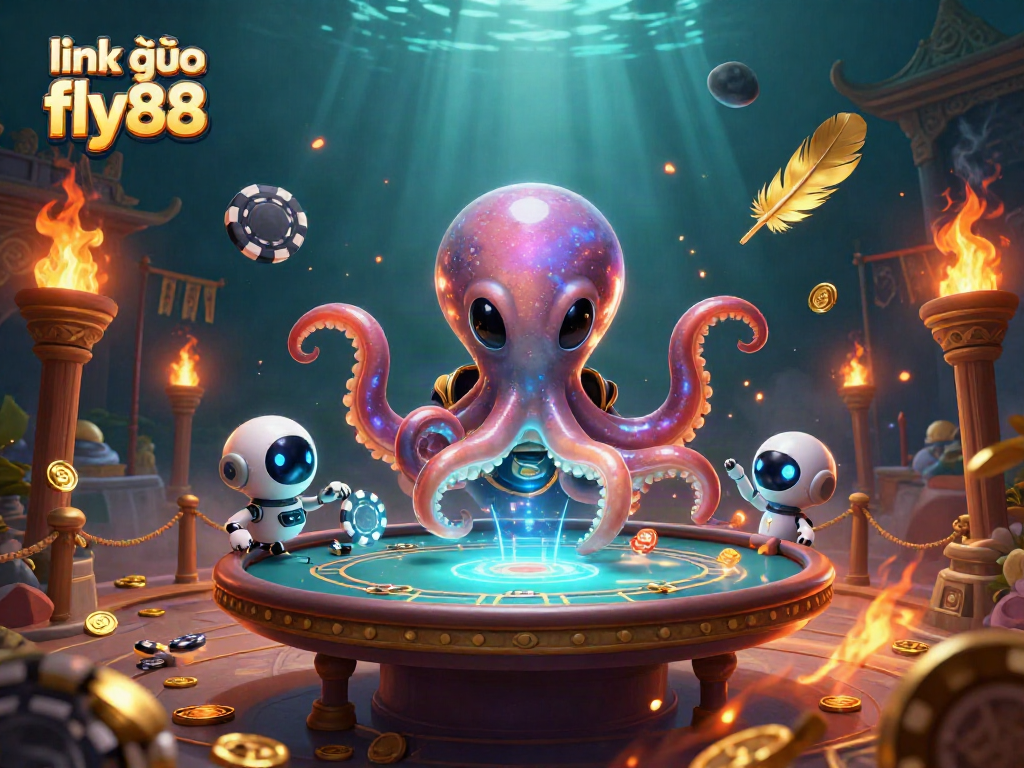 Link vào fly88 showcases the vibrant alien octopus operating a holographic poker table.