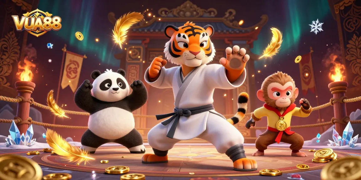 VUA88 gamifies fortune with a kung fu tiger, panda disciple, and monkey stealing gold in a vibrant 3D illustration.