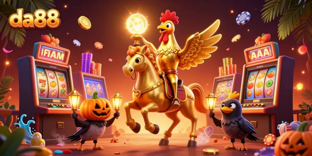 Experience the thrilling world of da88 with a golden rooster in a vibrant casino scene filled with jackpots and card games.