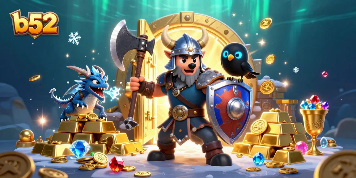 Experience thrilling wins with b52, featuring a Viking warrior, dragon, and treasure amidst dazzling gems and coins.