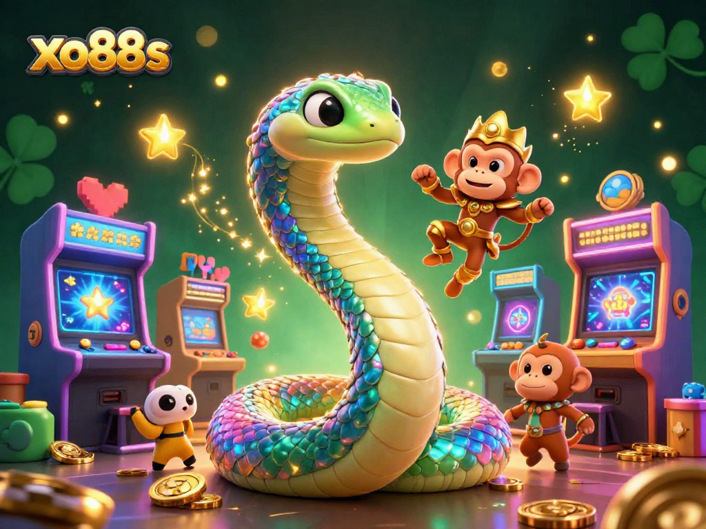 Experience thrilling fun with xo88s in this vibrant 3D illustration featuring sparkling game elements and dynamic characters.