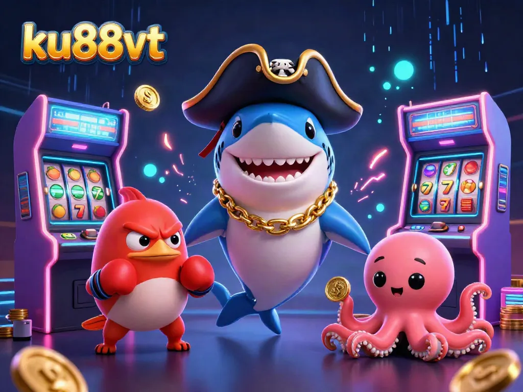 Experience the thrill at ku88vt with a cartoon shark, pufferfish, and octopus in a vibrant casino scene.