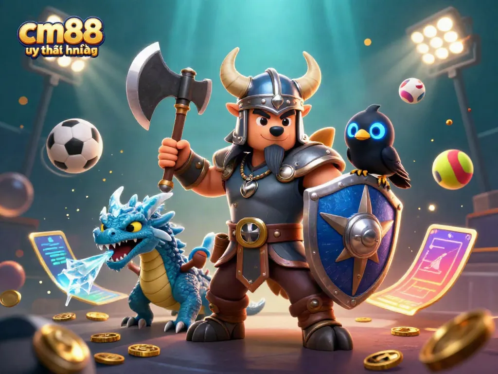 Experience cm88 uy tín không with Viking warrior and dragon amid dynamic gambling elements.
