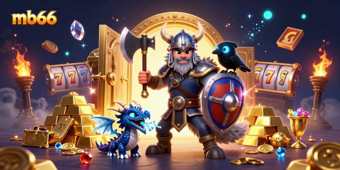 Engage with mb66 casino excitement with a Viking wolf warrior, dragon, and treasure.