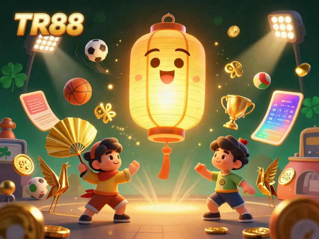 Experience the thrilling atmosphere of TR88 with a golden lantern spirit in a vibrant casino scene.