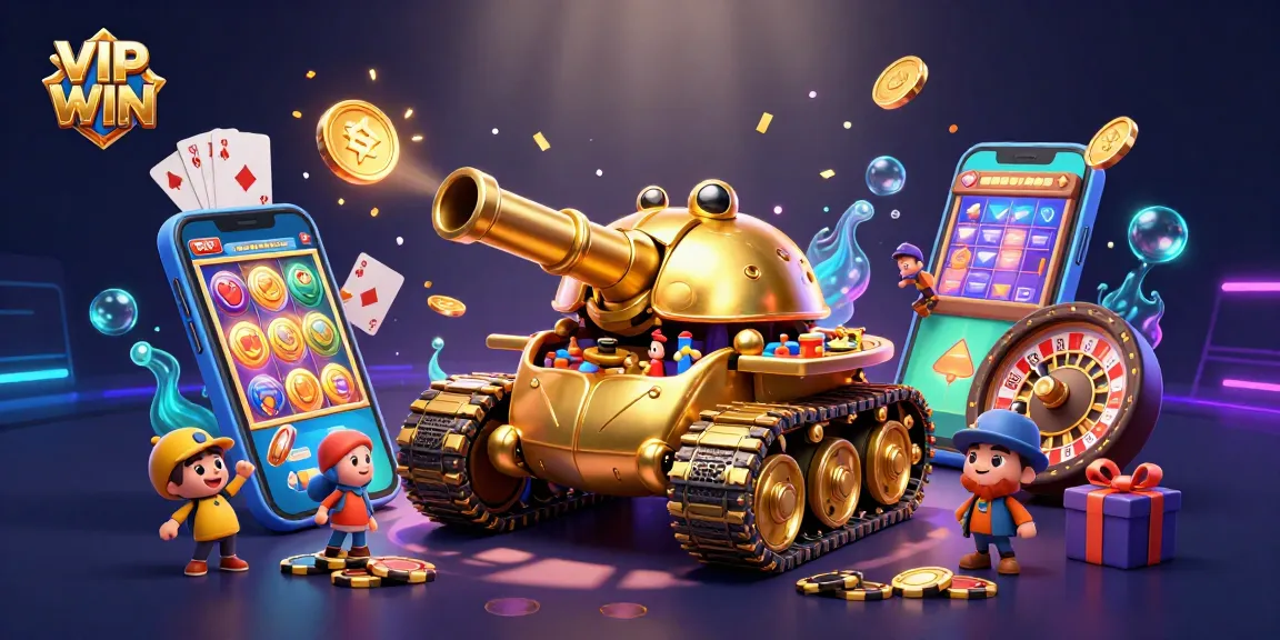 Win big with VIPWIN in a vibrant 3D casino scene featuring an energetic beetle tank.