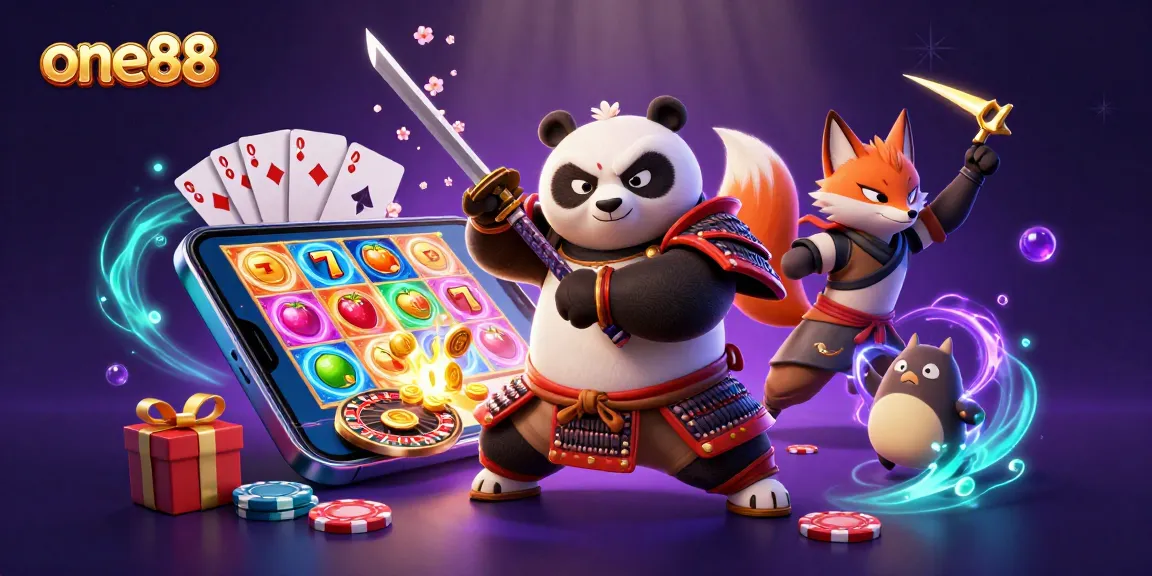 Experience thrilling gameplay with one88 in a vibrant 3D casino scene featuring samurai panda and ninja.