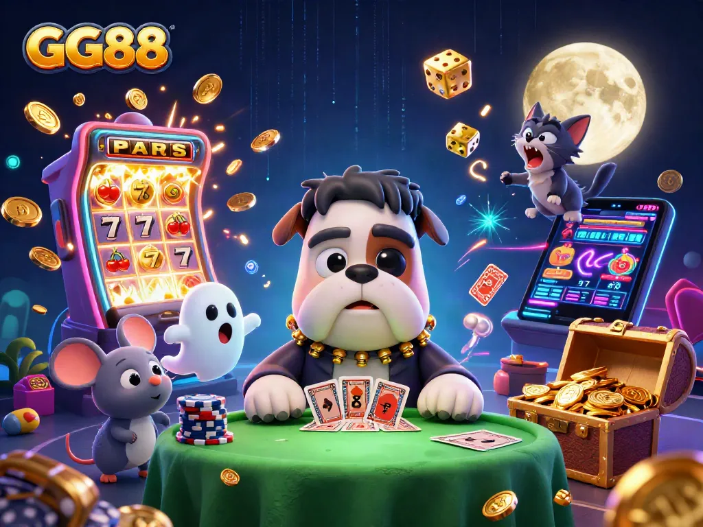 Engage in thrilling gameplay at GG88 with a card-dealing bulldog and exciting casino visuals.