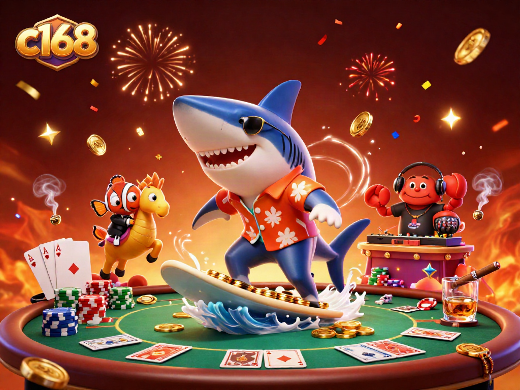 c168 captures excitement with a shark surfing coins at a dynamic casino scene
