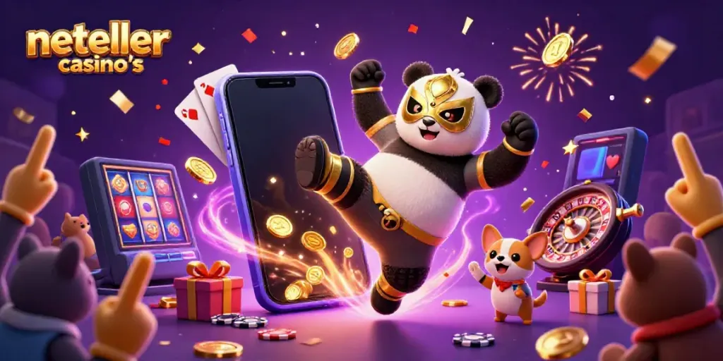 Engage with the excitement of neteller casino's featuring a panda wrestler and animal spectators celebrating amidst vibrant gaming elements.