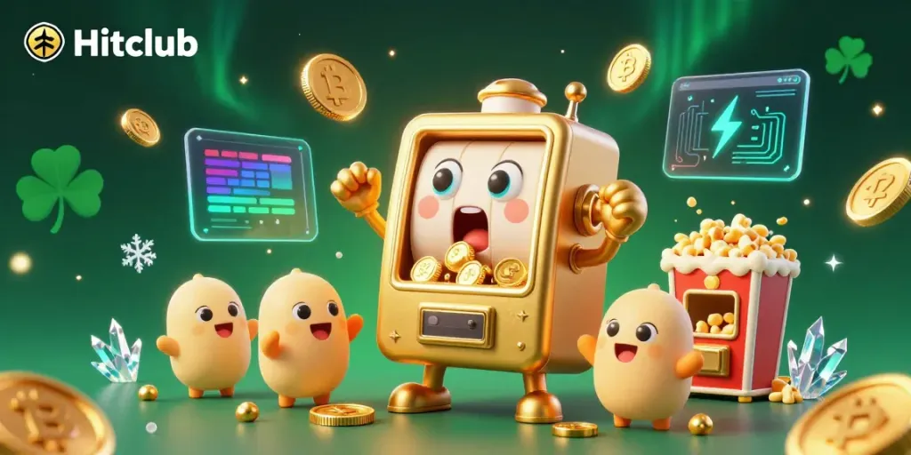 Hitclub features a golden slot machine hitting a jackpot with cheering companions, amid vibrant casino elements.