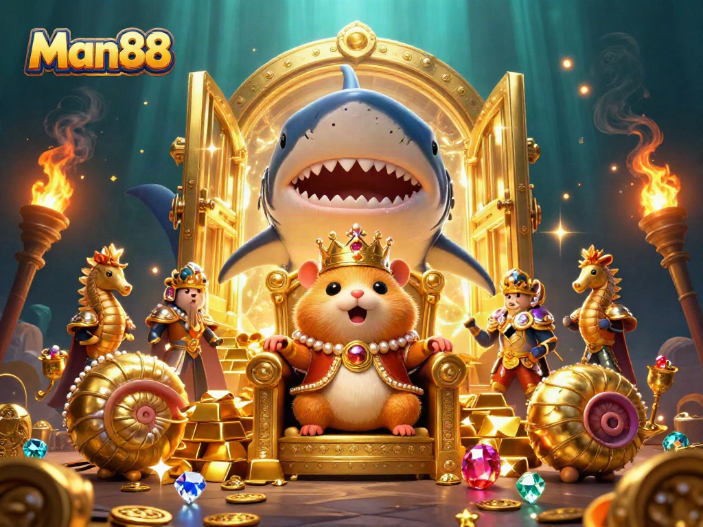 Engage with Man88's gaming fun featuring a golden hamster king and royal treasures.