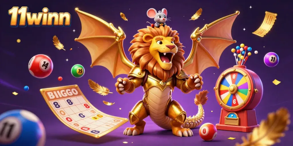 Experience the action of 11winn as a fearless chimera creature roars with lotto excitement amidst colorful gaming elements.