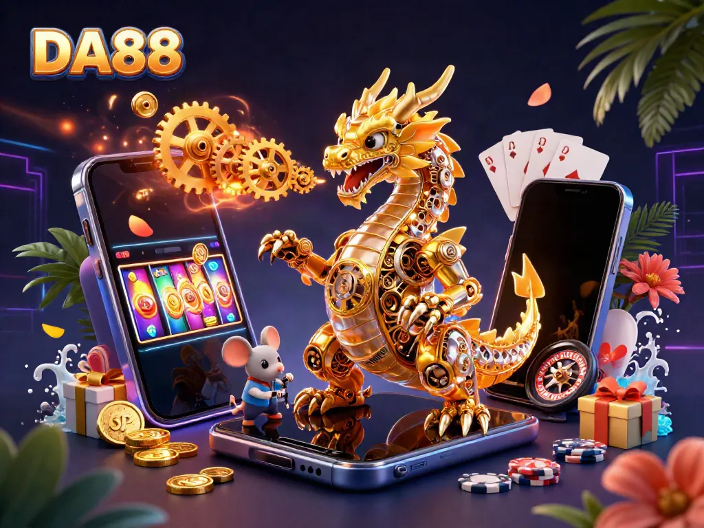 Engaging illustration of the DA88 golden dragon among vibrant casino elements, enhancing the gaming experience.