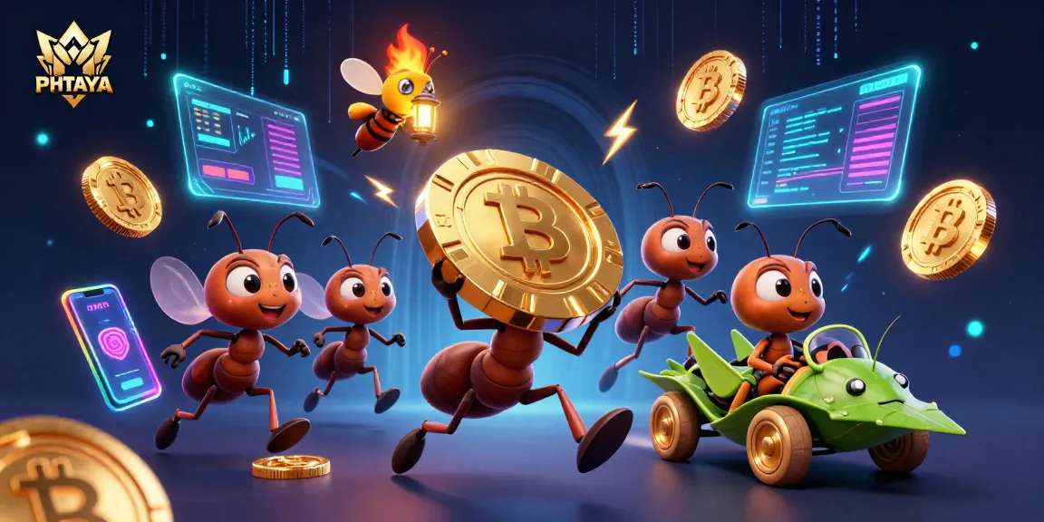 PHTAYA features vibrant 3D ants heist with golden poker chip amid crypto elements, showcasing exciting online gambling.
