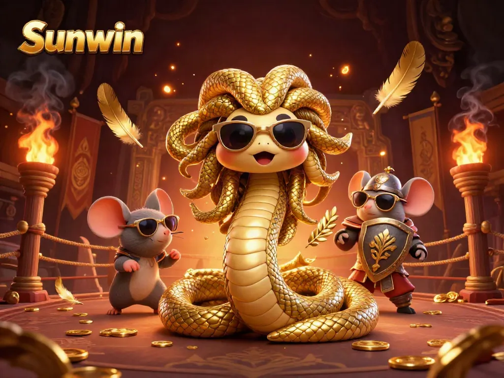 Experience thrilling gameplay at Sunwin with friendly Medusa and a stone-shield warrior in a vibrant casino scene.