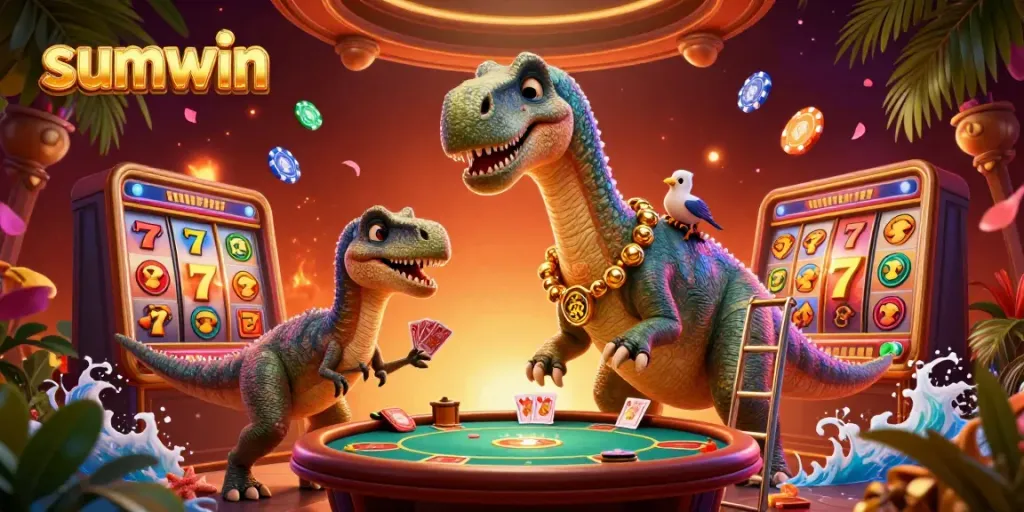 Engage with sumwin's thrilling casino experience featuring cartoon dinosaurs and slot machines.