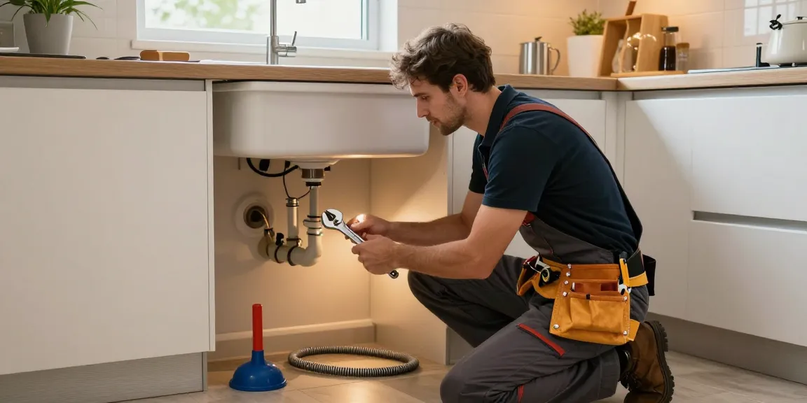Afvoer verstopt? Professionele loodgieter onderzoekt verstopte afvoer in moderne keuken.
