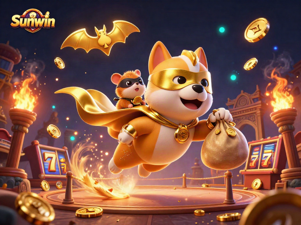 Sunwin features a superhero dog soaring over a vibrant casino, promoting fun and excitement.