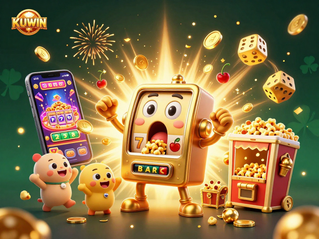 KUWIN slot machine celebration with jackpot explosion and exciting casino elements in a vibrant scene.