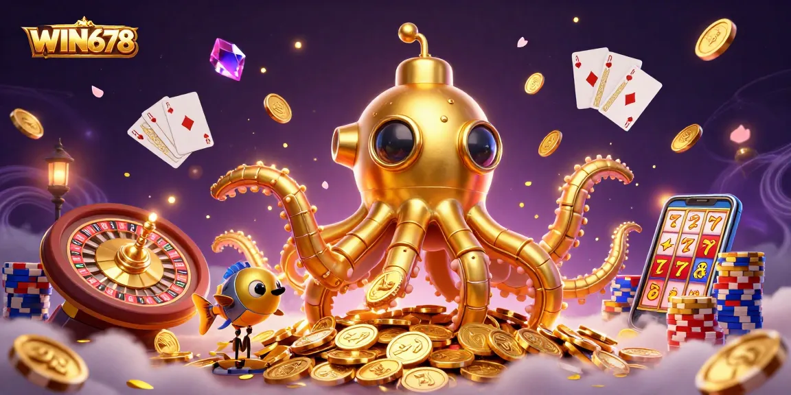 Experience the thrilling world of WIN678 with golden kraken submarine, coins, and poker elements.