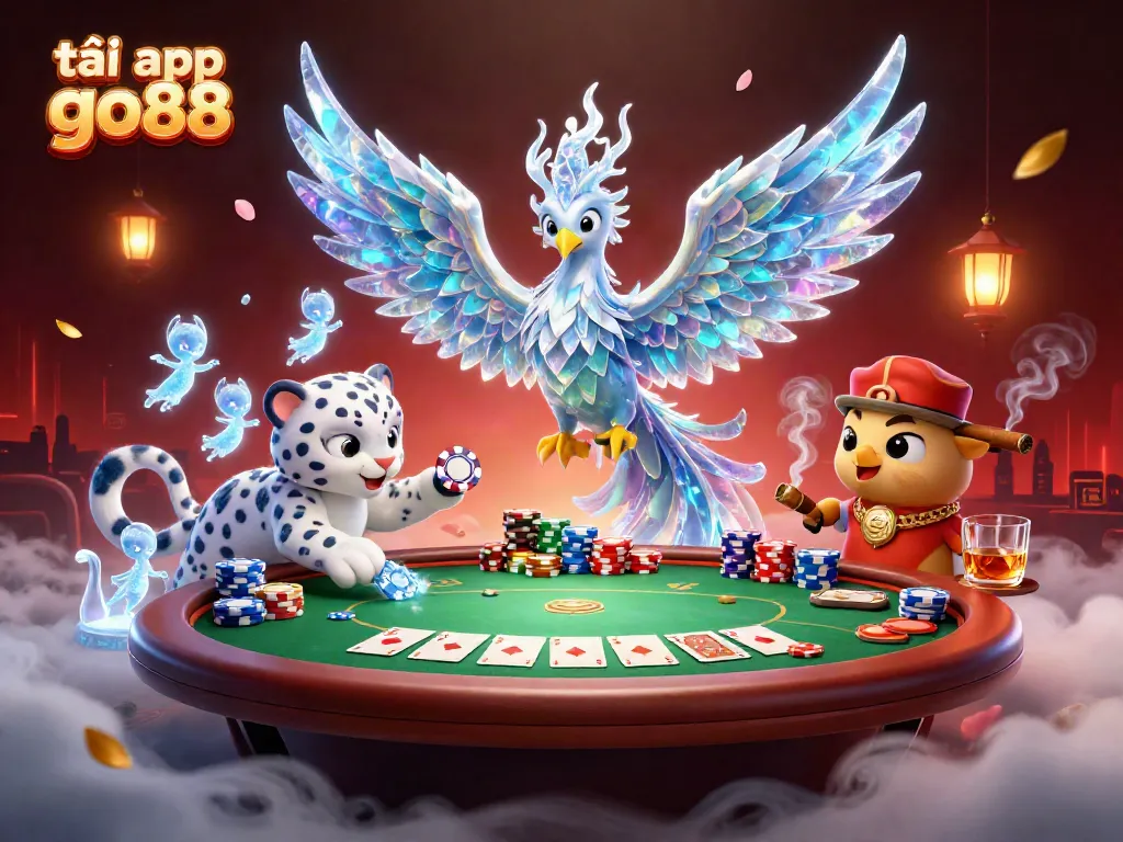 Experience the thrill of tải app go88 with an enchanting ice phoenix and playful snow leopard at a vibrant poker scene.