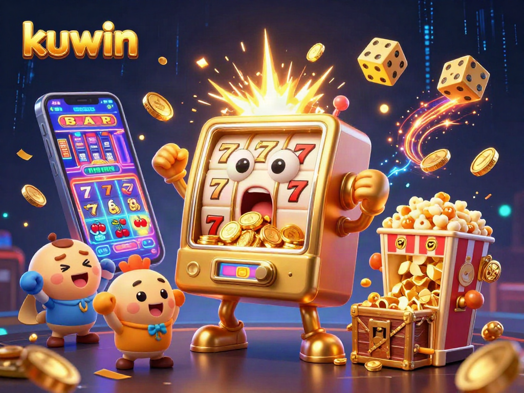 Kuwin slot machine celebrating a jackpot win with coins bursting out, creating a festive gambling scene.