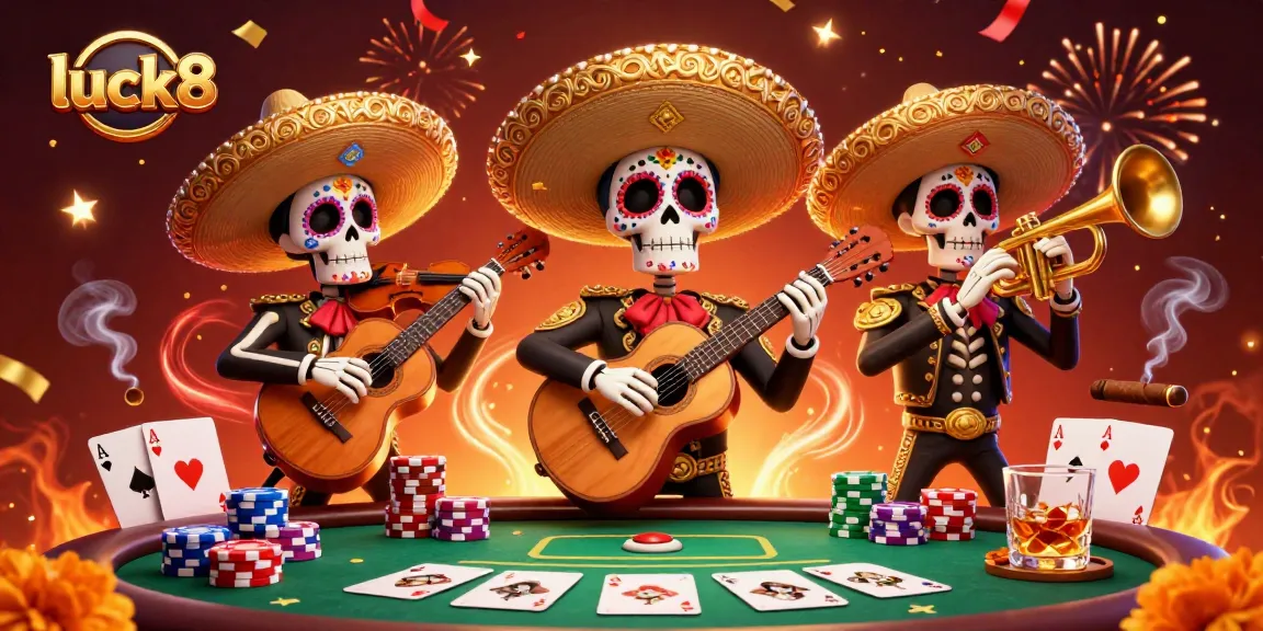 Engage with luck8's exciting gambling scene featuring vibrant mariachi skeletons and poker elements.