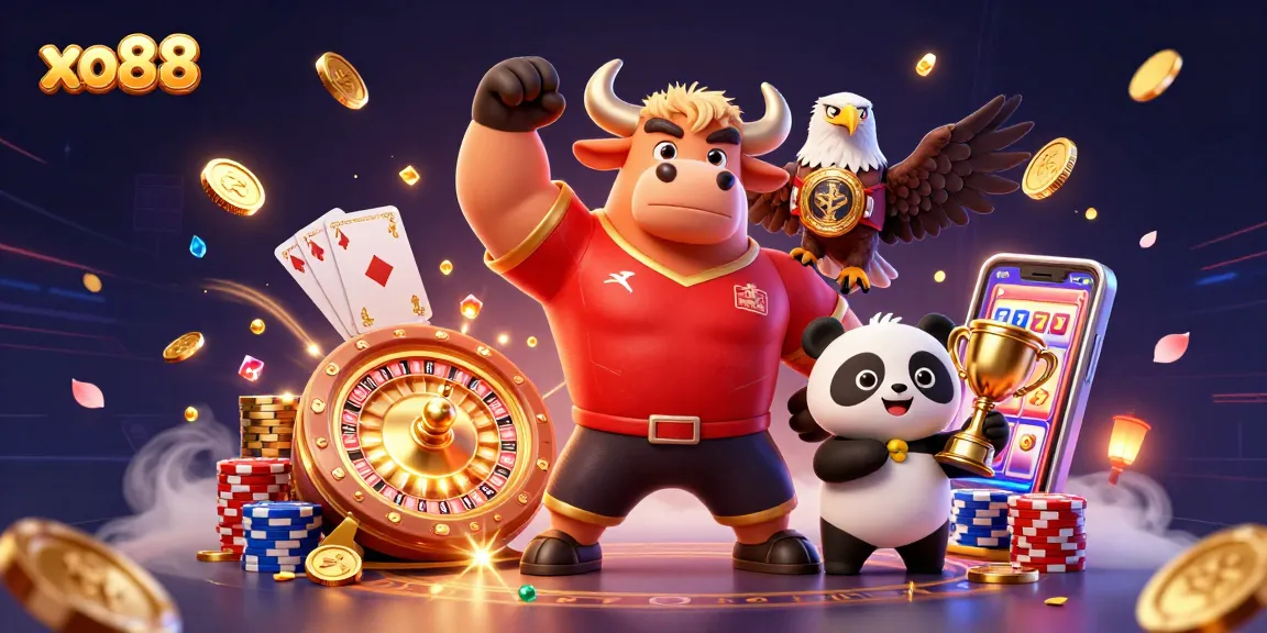 Experience thrilling gaming at xo88 with dynamic characters, golden coins, and exciting casino elements.