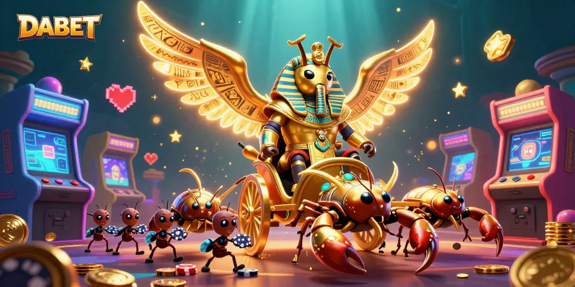 DABET showcases a vibrant casino battle scene with a golden scarab and scorpions amidst energetic game elements.