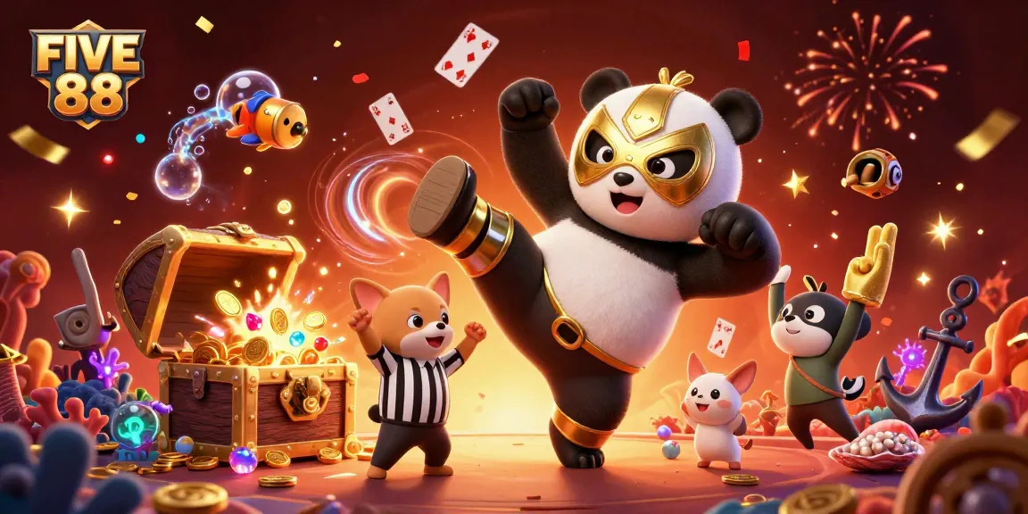 Experience the excitement of FIVE 88 with a thrilling casino-themed illustration featuring vibrant characters and dynamic gaming elements.