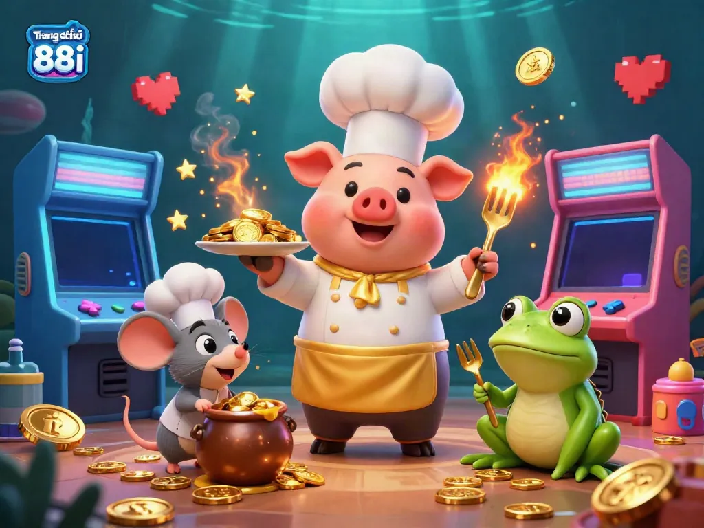 Engage with Trang chủ 88i as a 3D chef pig serves gold coins amid vibrant casino elements.