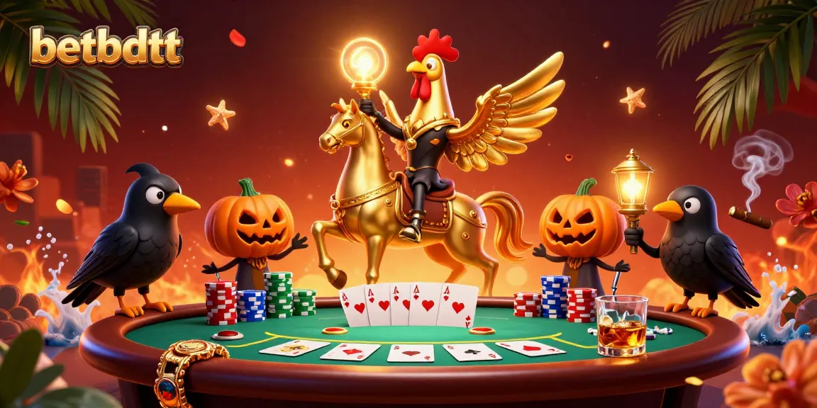 Experience vibrant gaming action at betbdtt with a golden rooster and crows showcasing luxurious casino elements.