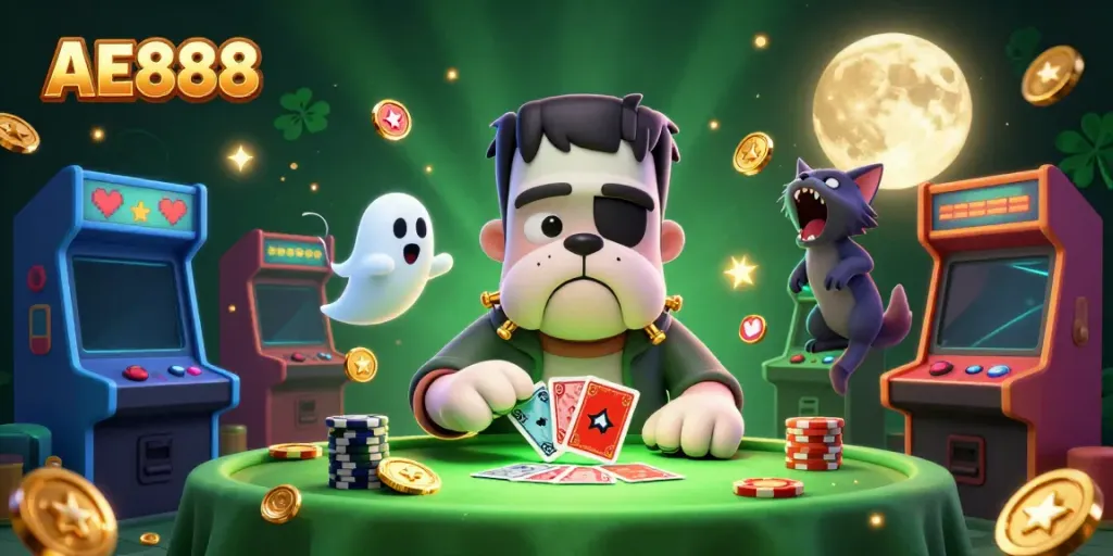 Engage with AE888's 3D casino scene featuring a Frankenstein bulldog dealer, a ghost mouse, and a werewolf kitten.