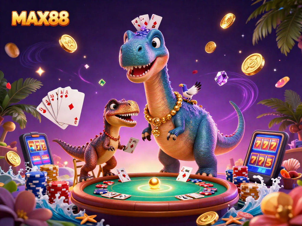 Experience the excitement of MAX88 with a captivating 3D casino scene featuring vibrant characters and game elements.