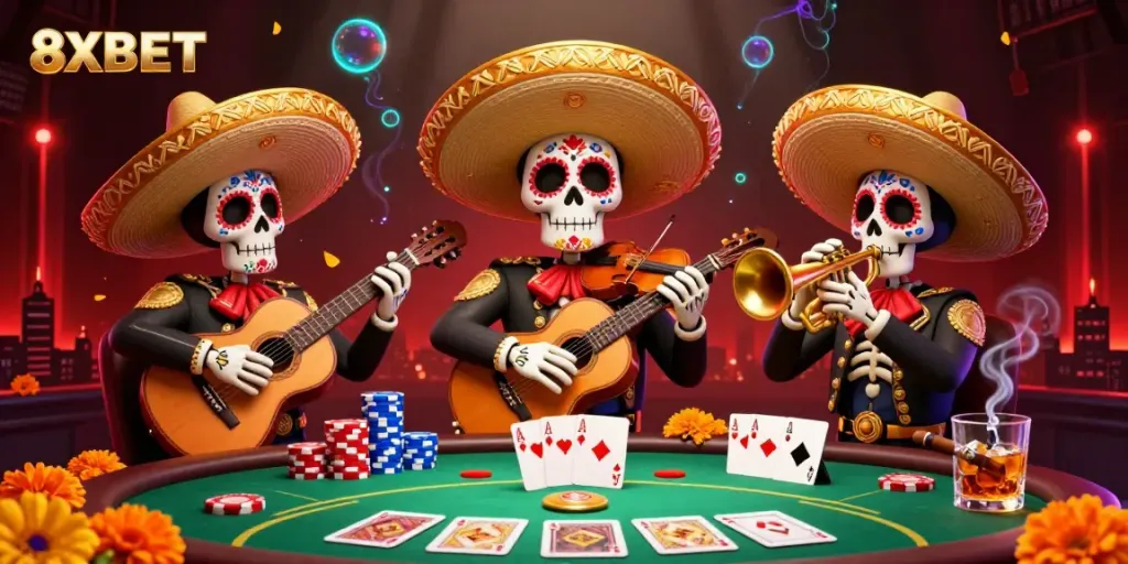 Enjoy a lively game night with 8XBET featuring colorful mariachi skeletons, poker elements, and vibrant casino ambiance.