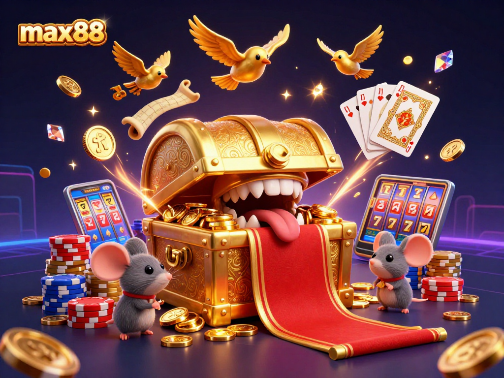 Join the excitement at max88 with a vibrant 3D casino scene showcasing a golden treasure chest and cascading coins.
