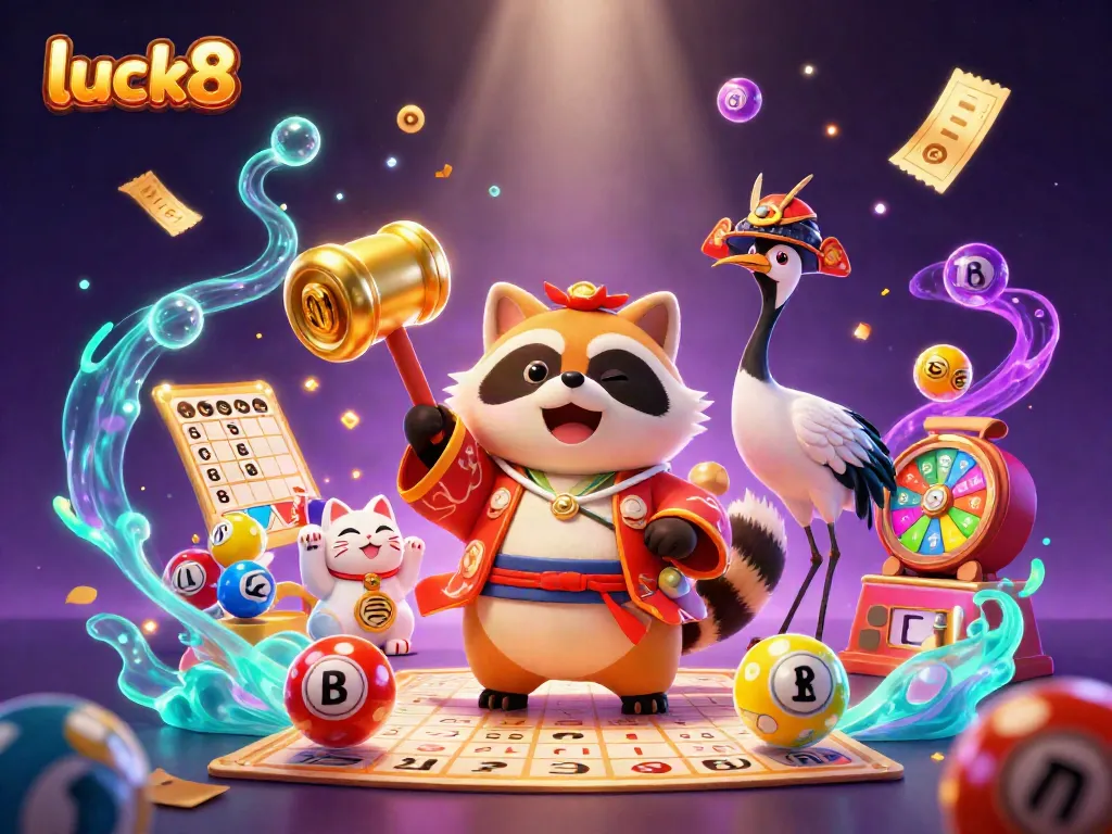 Experience luck8's vibrant gaming scene with cheerful characters and dynamic casino elements.