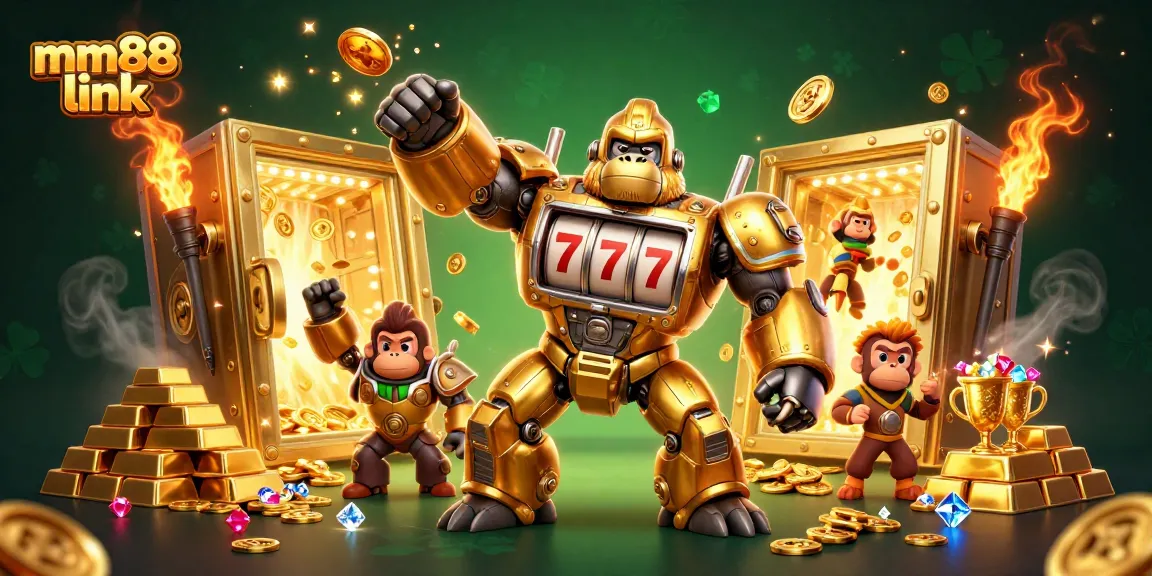 Engage with exciting wins at mm88 link through a dynamic 3D casino illustration featuring a gorilla mech.