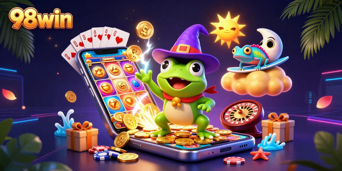Experience excitement with 98win as a wizard frog unleashes golden coins amid thrilling casino games.