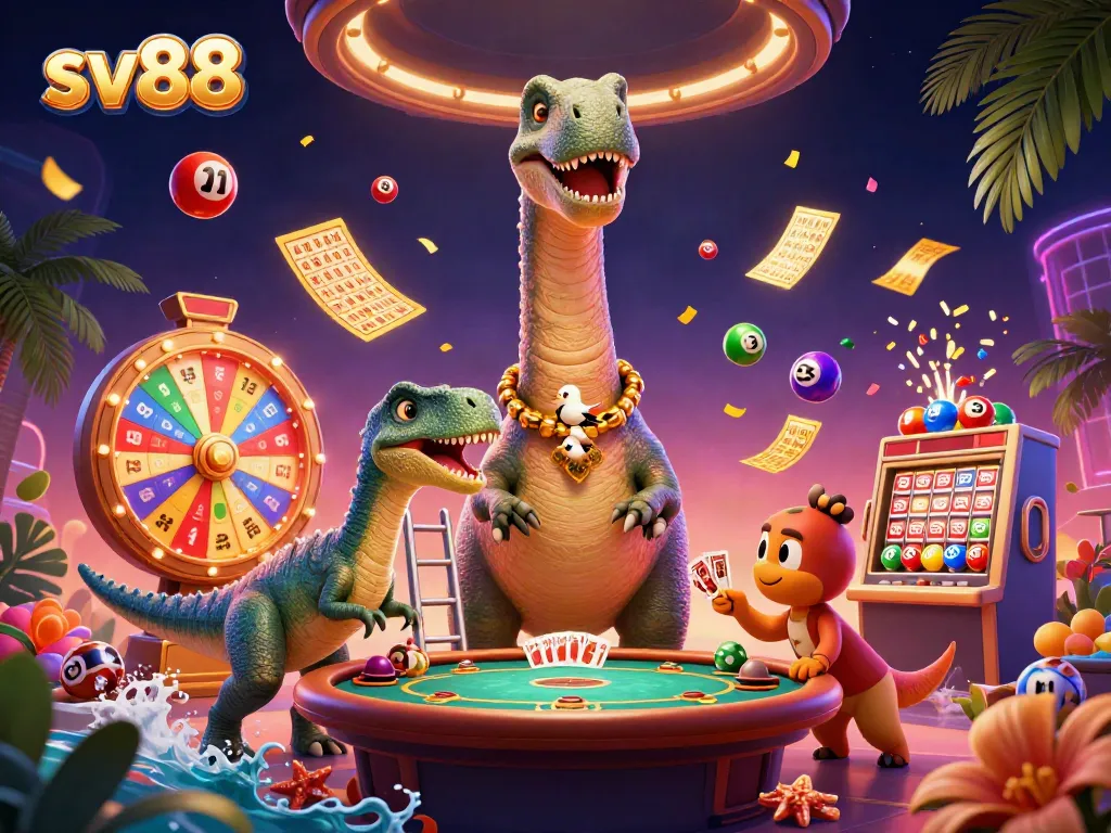 Experience the vibrant gambling excitement at sv88 with a playful dinosaur card dealer scene.