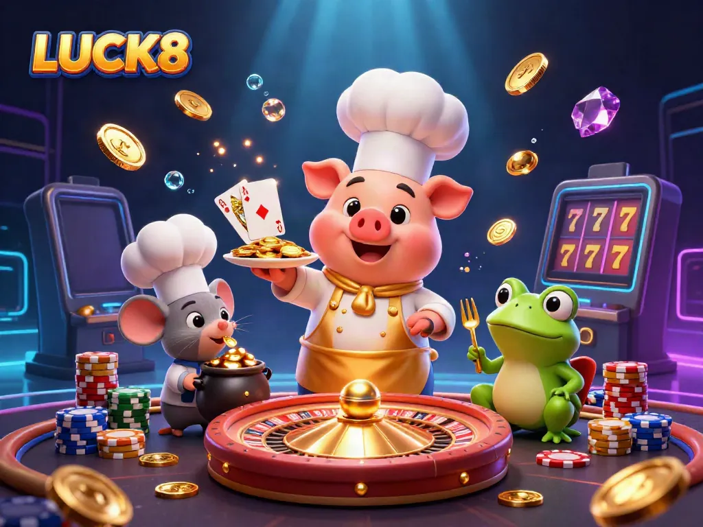 LUCK8 chef pig serves golden coins in a vibrant casino, highlighting luxury betting elements.