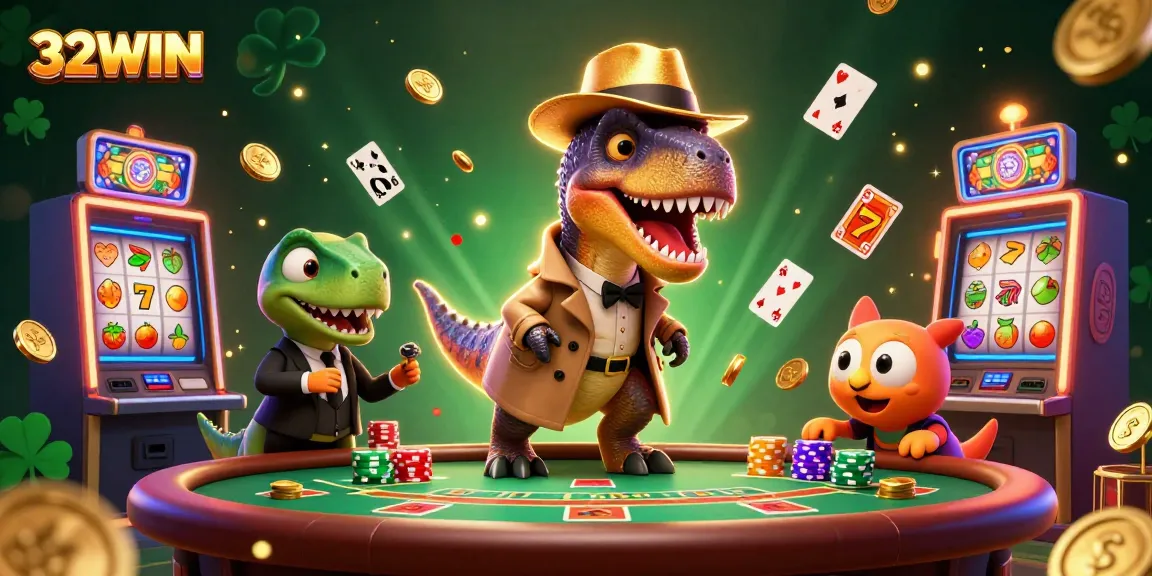 Experience the excitement of 32WIN with a velociraptor playing blackjack in a vibrant casino scene.