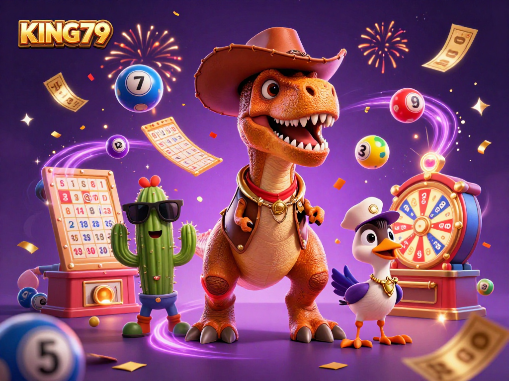Experience KING79's lively casino-themed illustration with a cowboy dinosaur and a dynamic backdrop.