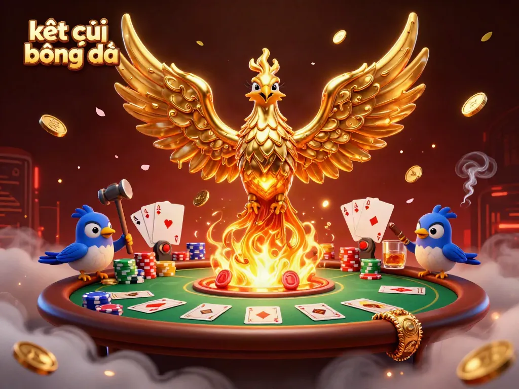 Kết quả bóng đá illustrated with a dynamic golden phoenix, poker elements, and glowing details, capturing the excitement of gaming.