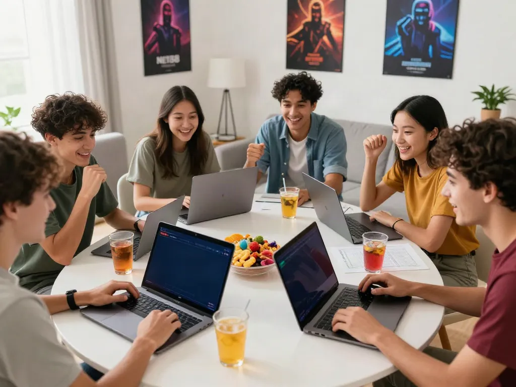Friends enjoying online betting with https://net88.broker/ in a lively living room.