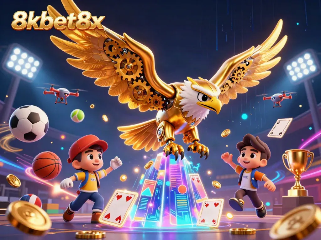 Experience the thrill of 8xbet8x with a dynamic scene featuring sports balls, holographic cards, and a golden eagle.